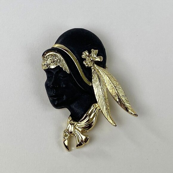 Torino Flapper Lady Brooch Pin Black and Gold Tone Metal 2.5" Long Vintage - Picture 1 of 8